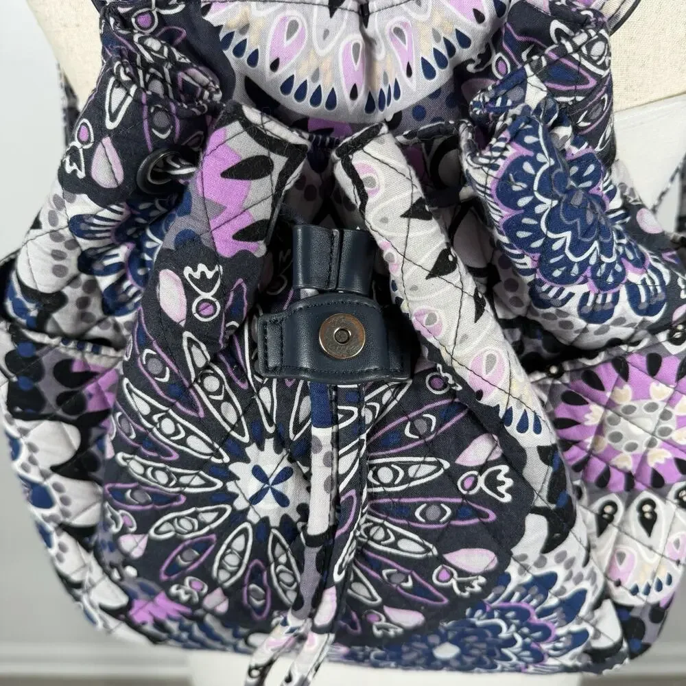 Vera Bradley Small Quilted Backpack Purple Navy Floral Drawstring Flap Bag Boho
